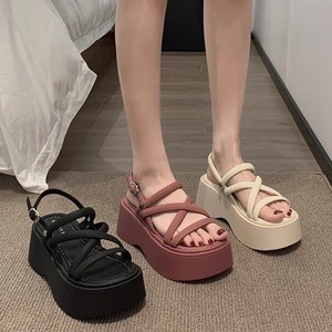 Sandalias de Plataforma con Tiras Cruzadas, Punta Abierta, Tacón Grueso de Altura Media, Zapatos de Verano para Mujer, Rosa, Negro, Blanco, Material PU, Suela EVA - Product Image 3