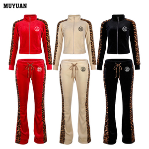 <strong>Womens</strong> Leopard Print 2 Piece Fall Streetwear <strong>Tracksuit</strong> With Stand Collar <strong>Velvet</strong> Jacket and Pants Color Block Outfit Custom logo - Product Image 1