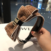 Serre-tête large en tweed avec nœud en fausses perles, accessoire de mode pour femme, de marque de créateur