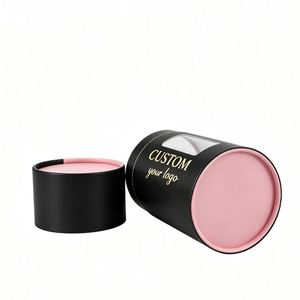 Custom Black Pink Paper Tube Cosmetic Packaging with Gold <b>Foil</b> Logo and <b>Window</b> Recyclable Cylinder Box - Product Image 2