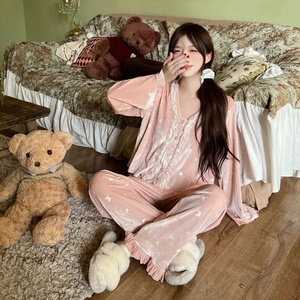 Meryjia Winter Two Pieces Vintage Velvet Pijamas <span class=keywords><strong>Mujer</strong></span> Soft Luxury Long Sleeves Pijamas - Product Image 3