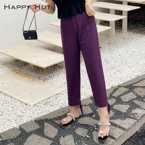Pantalones de crepé morados para mujer Happy Hut con abertura y cremallera, talla grande, transpirables, de nueve puntos, para mujeres con curvas - Product Image 4