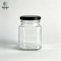 Pot en verre transparent carré de 320 ml avec couvercle à vis noir, récipient en verre à col fileté pour le miel, la confiture, la sauce chili, l'emballage alimentaire