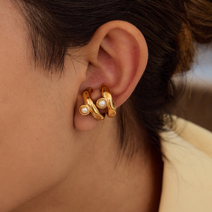 Yueli Pearl <b>Cuff</b> <b>Earrings</b> Gold Tone Bezel Set Stainless Steel Everyday Wear Geometric Design - Product Image 3