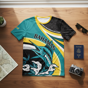 T-shirt da uomo personalizzate all'ingrosso con stampa su richiesta della bandiera nazionale delle Bahamas, modello Bahamas, in poliestere, girocollo - Product Image 1