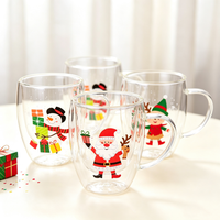 Tasse en verre imprimée sur le thème de Noël, motif de dessin animé, pour le lait, le petit-déjeuner, le café, le thé au lait, tasse à double paroi