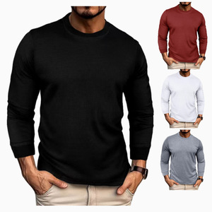 Nouveau <span class=keywords><strong>T</strong></span>-<span class=keywords><strong>shirt</strong></span> à manches longues gaufré Chemise ample à <span class=keywords><strong>col</strong></span> rond de couleur unie pour hommes - Product Image 1