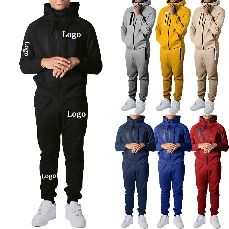Custom Embroidery Logo Tracksuits for Man Jogger Workout Set Casual Zip Jacket Hoodie Set Cotton Two Piece Suit