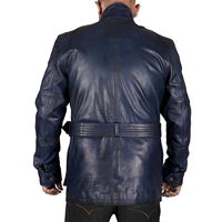 Blouson moto en cuir véritable bleu foncé pour homme avec ceinture, col montant, coupe classique, imperméable, pour l'hiver