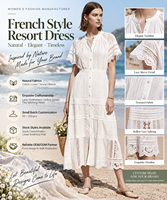 Robe midi en dentelle de coton blanc pour femme, boutonnée sur le devant, manches courtes, style bohème, robe d'été pour resort, fabricant OEM