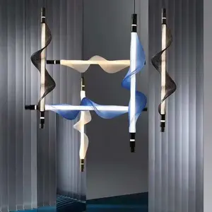 Modern tasarımcı sanat akrilik avize masa üstü ada LED asılı ışık alüminyum su dalga şekli kolye ışık
