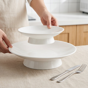 High-Foot Customized <b>Ceramic</b> Fruit/Cake <b>Plate</b> Eco-Friendly Food Grade Bone China Microwave Safe Glazed - Product Image 1