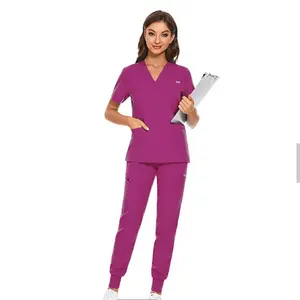Women's Scrub Set 4-Way Stretch Y-Neck Stitch Top and Pants for Hospital Staff