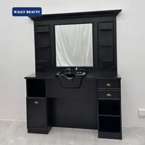 Wallybeauty Cổ Điển Đen Gỗ Nhiều Không Gian Lưu Trữ Dầu Gội Đầu Trạm Gương Cắt Tóc Với Dầu Gội Lưu Vực