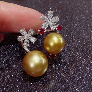 Bague en argent pur S925 avec double perle naturelle dorée, 8-12 mm, ronde, sans défaut, design élégant, sertie - Product Image 3