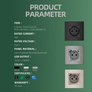 Nhôm bảng điều chỉnh tiêu chuẩn Pháp cắm ổ cắm điện Euro 2P + t ổ cắm với USB Một USB C tường Ổ cắm ổ cắm - Product Image 2