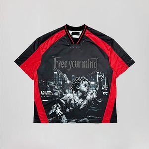 Custom 250gsm <b>Polyester</b> Rhinestone Interlock Midweight Smooth V Neck Paneled Boxy Y2k Blokecore <b>Tshirt</b> - Product Image 2