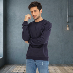 Men's <b>Navy</b> Blue Crew Neck Pullover <b>Sweatshirt</b> Regular Fit Knitted 100% Cotton Casual Winter Lined Eco-Friendly Windproof - Product Image 2