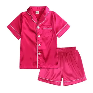 KC041 2 Piece Kids Clothing Infant Baby Boy Girl Pajamas Silk Satin Top Pant Long Sleeve Button-Down Kids Clothing Sleepwear Set