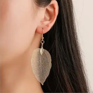 Personalized Wholesale Julery Women Elegant Long Women Earrings Hypoallergenic Hook Earrings Big Metal Plant Leaf Earring