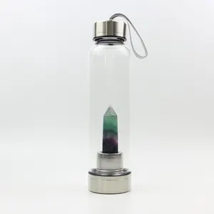 Umwelt freundliche 550ml Creative High Boro silicate Kristall Wasser flasche mit Edelstein Rosenquarz Custom Logo Edelstahl Deckel