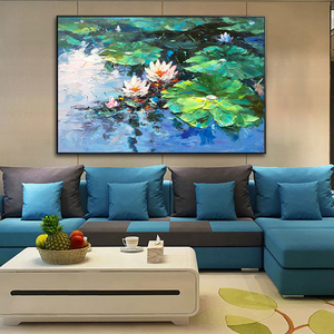 Quadro Decorativo per Soggiorno, Regalo, Dipinto a Mano 100% con Olio su Tela, Laghetto di Loto Dorato con Fiori di Loto Verdi - Product Image 4