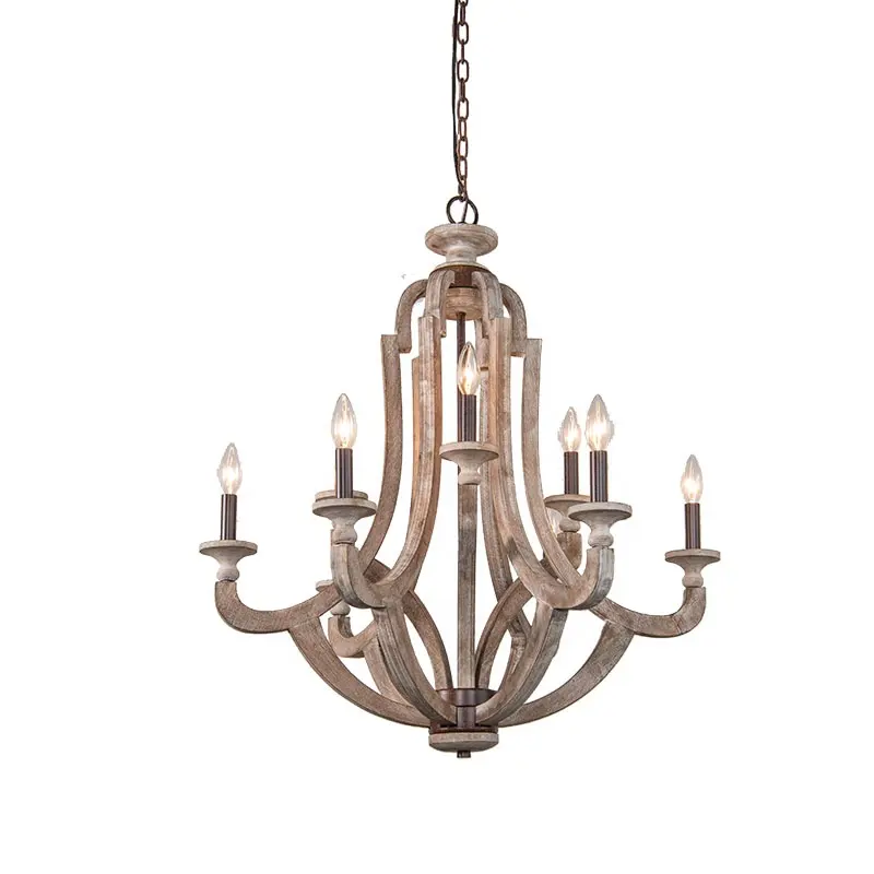 Farmhouse wood chandelier candle style lamp 9-lights rustic villa chandelier lighting