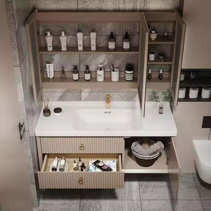 Mueble de Baño Moderno de Lujo Blanco con Luz LED, Espejo Inteligente con Diseño de Panal, Construcción de Madera Maciza y Melamina, Acabado Lacado - Product Image 2