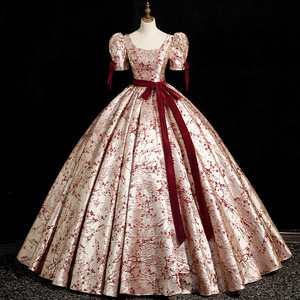 Luxurious Champagne <strong>Christmas</strong> Evening <strong>Dress</strong> With Red Floral Short Sleeves Paired With 3d Plum Blossom Ball Gown For <strong>Women</strong> - Product Image 1