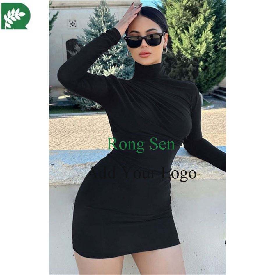 Stand Collar Ruched Zipper Long Sleeve Mini Women Dresses Party - Main Image