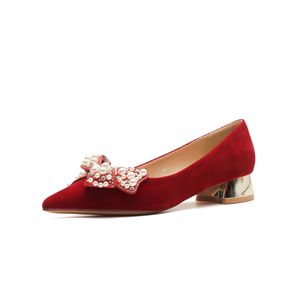 <b>Red</b> Velvet Heeled Sandals Pointed Toe Thick Heel <b>Bow</b> Decoration Elegant Wedding Party Shoes Comfortable Women's Shoes - Product Image 5