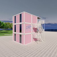 Maison-conteneur rose moderne et éco-chic à 3 niveaux pour les entreprises, espace de travail commercial tendance, façade en verre, terrasse paysagée