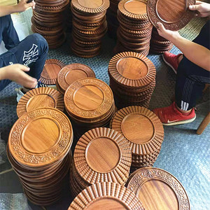 Bandejas de Madera de Sapele con Bordes Tallados, Estilo Chino, Platos para Servir en Hoteles y Restaurantes, Platos Planos Hechos a Mano - Product Image 3