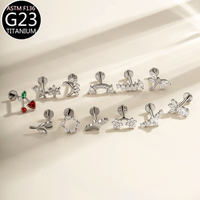 Anting-anting tindik titanium zircon G23, stud tulang telinga, bagian belakang datar, ulir dalam, anting-anting, perhiasan tindik tubuh