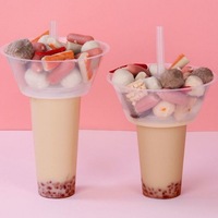 Nouvelle fonction 2 en 1 : Gobelet jetable en plastique PP pour collations et boissons avec bol à collations intégré pour fondue, thé au lait, glaces et snacks.