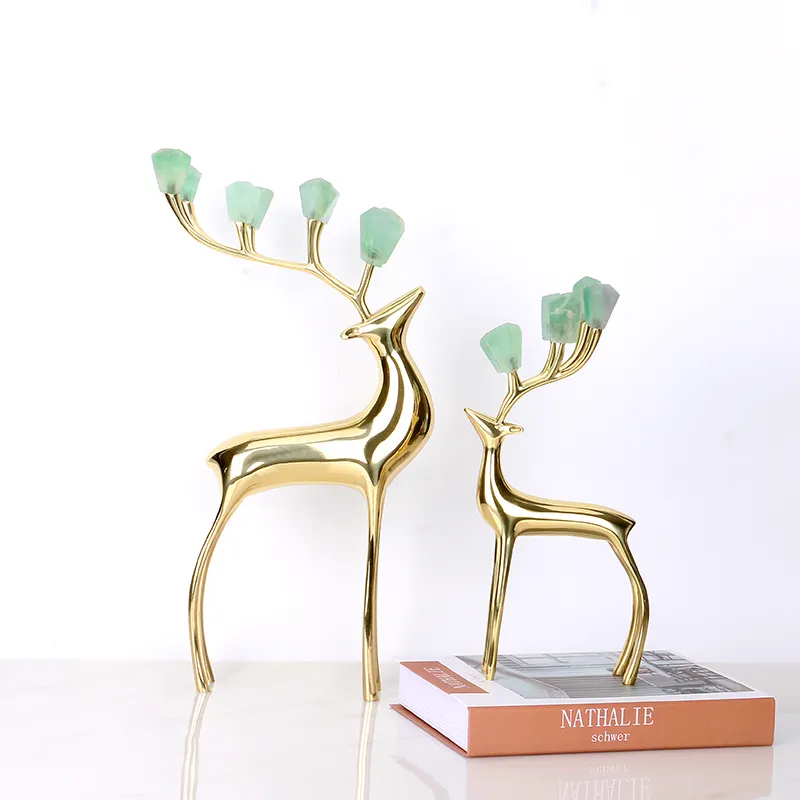 Deer Decoration Living Room Dining Table Luxury Natural Green Crystal Stone Gift Copper Deer Decoration