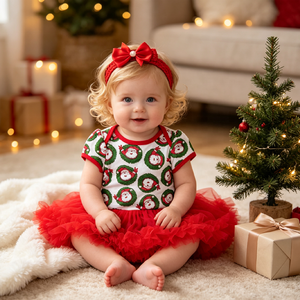 Set di 2 Pezzi per Bambine, Vestito Natalizio da Festa, Abito Principessa in Rete Rosso e Verde con Testa di Babbo Natale per Neonata - Product Image 2