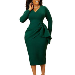 最新设计秋季连衣裙女式休闲V领长袖褶皱办公室女士连衣裙优雅女式连衣裙 - Product Image 5