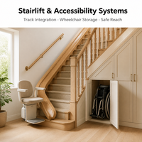 Système d'armoires de base pour escalier en colimaçon GOLDEN HOME, meuble à vin moderne sur mesure |   Refroidisseur à vin intégré avec étagères à bouteilles rétroéclairées par LED |