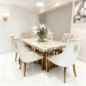 <span class=keywords><strong>Table</strong></span> à manger rectangulaire de <span class=keywords><strong>grande</strong></span> taille en marbre italien de style moderne haut de gamme avec plateau blanc et pieds en acier inoxydable doré pour les événements, les hôtels et les banquets - Product Image 1