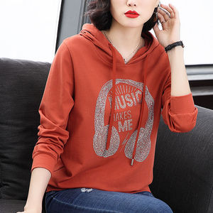 Women's Hooded Sweatshirt Brick Red Ultra Thin Loose Fit Spring Autumn Korean Style Trendy Top - Product Image 2
