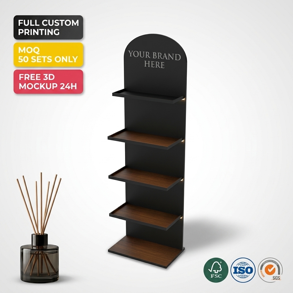 Wholesale Custom Luxury Wooden Reed Diffuser Display Stand Fragrance Essential Oil Rack with LED Lights Retail Boutique Shelf — view 1