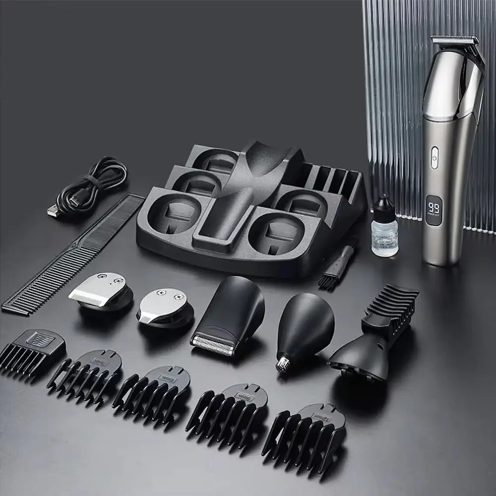 مجموعة أدوات قص الشعر 6 في 1 بشاشة LED شاحن USB أداة قص شعر كهربائية معدنية احترافية للرجال