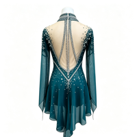 Robe de patinage artistique bleu sarcelle à strass, col montant, dos évidé, manches longues, en maille, pour compétition de patinage sur glace, personnalisable
