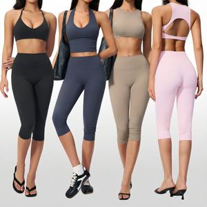 Women Yoga Set Backless Sports Bra <b>Capri</b> <b>Pants</b> 5 Piece Fitness Activewear Elastic Waist - Product Image 1