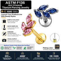 Piercing d'oreille sans filetage en titane G23 ASTM F136 avec feuille de zircon, plaqué or 24K, type push-pin labret 16G, pour cartilage d'oreille et bijoux de piercing corporel