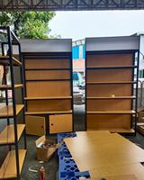 Étagères métalliques à grain de bois de qualité supérieure, présentoirs gondoles double face pour boutiques, magasins de cosmétiques et librairies