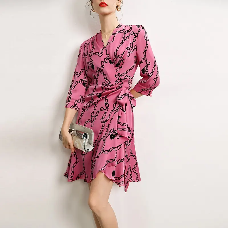 Womens Summer Casual Long Sleeve Clothing Sexy Casual Dresses Collect Waist Silk Printing Dress