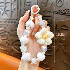 Lindo llavero de cadena para teléfono con flor tejida, llavero de bola de felpa con cuentas, colgante para bolso, regalo - Product Image 4
