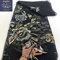 Tissu en tulle brodé floral multicolore à sequins et perles avec bordure placée pour robes Abaya et Kaftan de Dubaï